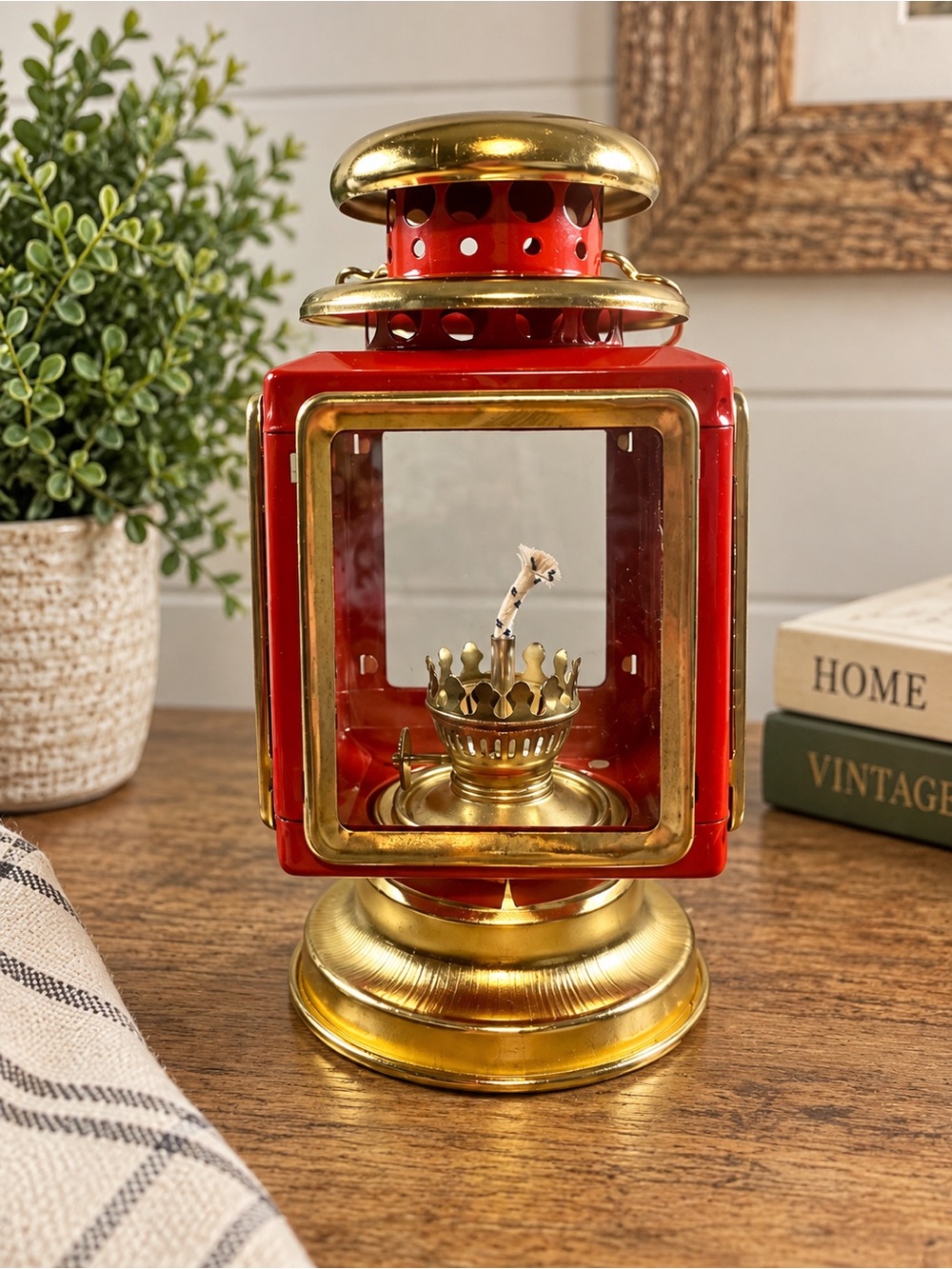 Red & Gold Metal Oil Lantern | Glass Panels |Kerosene Lamp